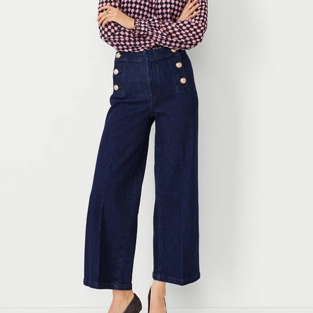 Ann Taylor Petite Mariner High Rise Wide Leg Crop Jeans Refined Dark Indigo wash